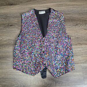 Fashion Fantasy Womens M Sequin Vest‎ Multicolor Rainbow Snap Front Tie Back Vtg